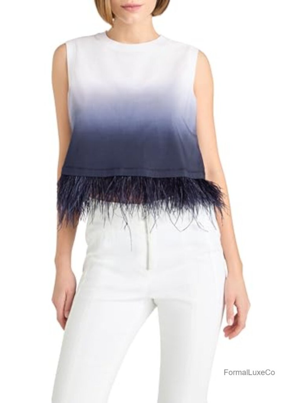 Ostrich Feather Trim Cropped Sleeveless Cotton Tee Ombre Party Top